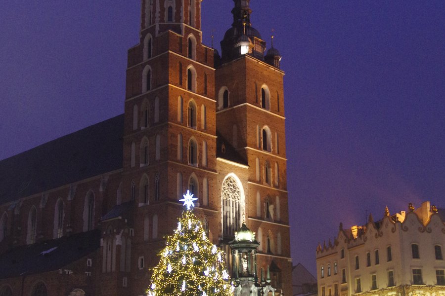 Marienkirche in Kraków mit Weihnachtsbaum und Pferdedroschken